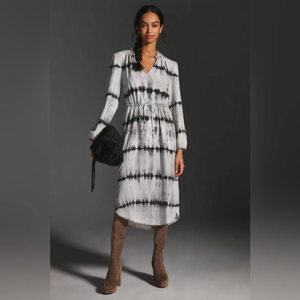Anthropologie Cloth & Stone Drawstring Tie Dye Midi Dress Size XXS Gray Black